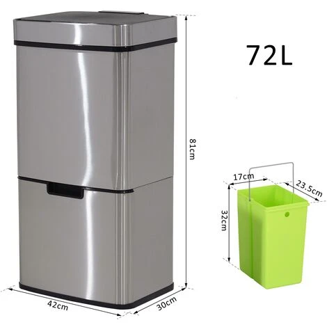 HOMCOM Motion Sensor Rubbish Bin, 3 Compartments Removable Lid Stainless Steel 2 HOMCOM Motion Sensor Rubbish Bin, 3 Compartments Removable Lid Stainless Steel - Image 2