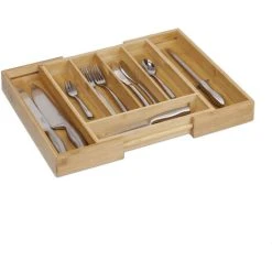 Relaxdays Adjustable Bamboo Tray, Extendible, With 5 To 7 Compartments, Size: 5 X 48.5 X 37 Cm, Drawer Insert, Natural Brown