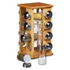 Relaxdays Bamboo Spice Rack With 16 Spice Jars Size: 30 X 19.5 X 19.5 Cm Freestanding Wooden Spice Shelf With Spices Holders Spice Carousel Made Of Wood With Spice Grinder Built-In, Natural Brown
