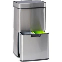Relaxdays Waste Separation System With 3 Compartments, With Sensor, 60 L, 3 Bins, Pullout, Stainless Steel, HxWxD: 74.5 X 42 X 31.5 Cm, Silver