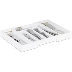Relaxdays Cutlery Drawer Tray, Extendable, Variable Width, 5 - 7 Compartments, Bamboo Organiser, HWD: 5x48x33.5cm, White