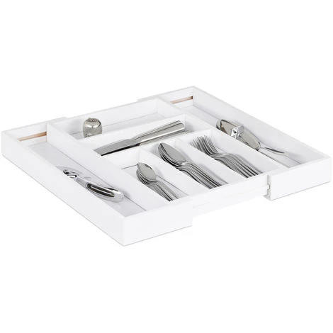 Relaxdays Extendable Cutlery Tray, Var. Width, 5-7 Compartments, Bamboo Organiser, HWD: 5x48x46cm, White 1 Relaxdays Extendable Cutlery Tray, Var. Width, 5-7 Compartments, Bamboo Organiser, HWD: 5x48x46cm, White
