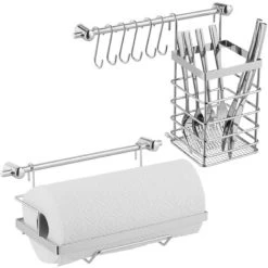 Relaxdays Kitchen Utensil Holder Set, Stainless Steel Look, Paper Roll, Cutlery Basket, Wall Racks, 6 Hooks, Silver