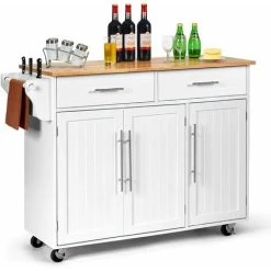 COSTWAY Kitchen Island Cart, Large Storage Trolley With 2 Drawers, 2 Cabinets, Knife Rack, 4 Lockable Wheels & Rubber Wooden Tabletop, Mobile Serving Utility Cart, 122 X 46 X 92cm (White)
