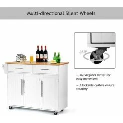 COSTWAY Kitchen Island Cart, Large Storage Trolley With 2 Drawers, 2 Cabinets, Knife Rack, 4 Lockable Wheels & Rubber Wooden Tabletop, Mobile Serving Utility Cart, 122 X 46 X 92cm (White) -Vonshef shop 16296566 3