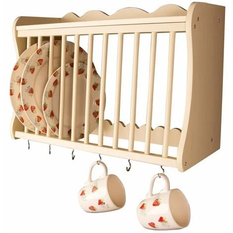 ELEGANT BRANDS Minack Wooden Kitchen Plate Rack In Buttermilk // Wall-mounted Or Freestanding // Features Hooks Below And Shelf Above 1 ELEGANT BRANDS Minack Wooden Kitchen Plate Rack In Buttermilk // Wall-mounted Or Freestanding // Features Hooks Below And Shelf Above
