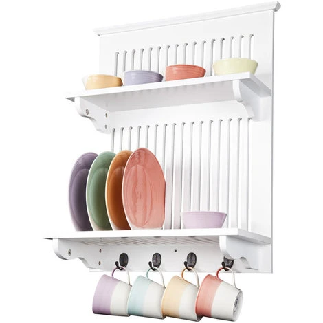 ELEGANT BRANDS Aston Wooden Kitchen Plate Rack In White // Wall-mounted Storage With Solid Top Shelf Above And Hooks Below 1 ELEGANT BRANDS Aston Wooden Kitchen Plate Rack In White // Wall-mounted Storage With Solid Top Shelf Above And Hooks Below