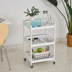 HOMCOM 3-Tier Home Trolley Kitchen Storage W/ Steel Bars 4 Wheels Rolling White -Vonshef shop 20290167 3