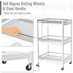HOMCOM 3-Tier Home Trolley Kitchen Storage W/ Steel Bars 4 Wheels Rolling White -Vonshef shop 20290167 5