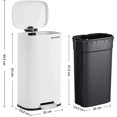 Songmics Kitchen Rubbish Bin, Pedal Trash Can 30L, With Plastic Inner Bucket, Hinged Lid, Soft Closure, Odour Proof And Hygienic, White LTB03WT 5 Songmics Kitchen Rubbish Bin, Pedal Trash Can 30L, With Plastic Inner Bucket, Hinged Lid, Soft Closure, Odour Proof And Hygienic, White LTB03WT - Image 5