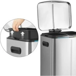 Songmics Dual Rubbish Bin, 2 X 20L Trash Can, Metal Step Bin, With Dual Compartments, Plastic Inner Buckets And Hinged Lid, Handles, Soft Closure, Airtight, Silver LTB40NL -Vonshef shop 22893937 4