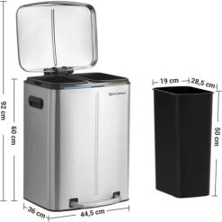 Songmics Dual Rubbish Bin, 2 X 20L Trash Can, Metal Step Bin, With Dual Compartments, Plastic Inner Buckets And Hinged Lid, Handles, Soft Closure, Airtight, Silver LTB40NL -Vonshef shop 22893937 5