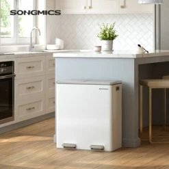 Songmics Dual Rubbish Bin, 2 X 30L Recycling Bin, Metal Pedal Bin, With Dual Compartments, Plastic Inner Buckets And Hinged Lids, Handles, Soft Closure, Airtight, White LTB60WT