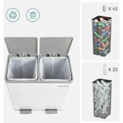 Songmics Dual Rubbish Bin, 2 X 30L Recycling Bin, Metal Pedal Bin, With Dual Compartments, Plastic Inner Buckets And Hinged Lids, Handles, Soft Closure, Airtight, White LTB60WT -Vonshef shop 23522373 3