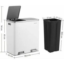 Songmics Dual Rubbish Bin, 2 X 30L Recycling Bin, Metal Pedal Bin, With Dual Compartments, Plastic Inner Buckets And Hinged Lids, Handles, Soft Closure, Airtight, White LTB60WT -Vonshef shop 23522373 4