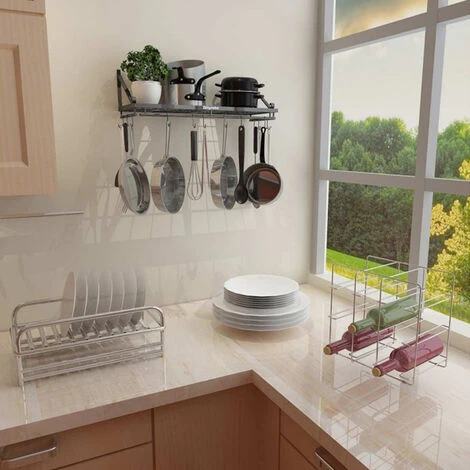 Livingandhome 90CM Wall Mounted Kitchen Organiser Rack Hanging Pot Pan Shelf With Hooks 1 Livingandhome 90CM Wall Mounted Kitchen Organiser Rack Hanging Pot Pan Shelf With Hooks