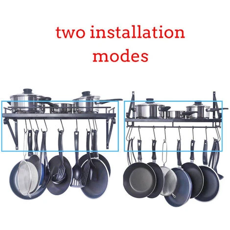 Livingandhome 90CM Wall Mounted Kitchen Organiser Rack Hanging Pot Pan Shelf With Hooks 2 Livingandhome 90CM Wall Mounted Kitchen Organiser Rack Hanging Pot Pan Shelf With Hooks - Image 2