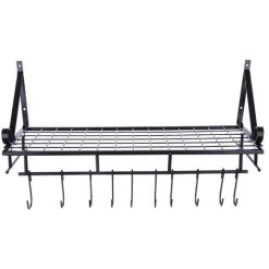 Livingandhome 90CM Wall Mounted Kitchen Organiser Rack Hanging Pot Pan Shelf With Hooks 8 Livingandhome 90CM Wall Mounted Kitchen Organiser Rack Hanging Pot Pan Shelf With Hooks -Vonshef shop 23694507 4