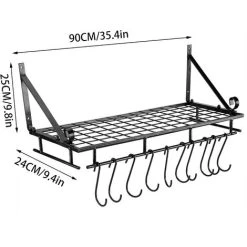 Livingandhome 90CM Wall Mounted Kitchen Organiser Rack Hanging Pot Pan Shelf With Hooks 9 Livingandhome 90CM Wall Mounted Kitchen Organiser Rack Hanging Pot Pan Shelf With Hooks -Vonshef shop 23694507 5