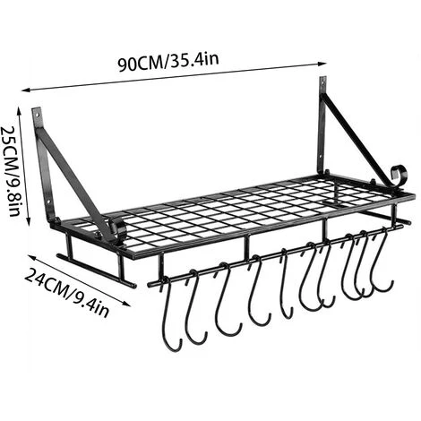 Livingandhome 90CM Wall Mounted Kitchen Organiser Rack Hanging Pot Pan Shelf With Hooks 5 Livingandhome 90CM Wall Mounted Kitchen Organiser Rack Hanging Pot Pan Shelf With Hooks - Image 5