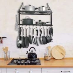 Livingandhome 2 Tier Wall Mounted Kitchen Hanging Pot Rack With Hooks