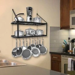 Livingandhome 2 Tier Wall Mounted Kitchen Hanging Pot Rack With Hooks -Vonshef shop 23694723 3