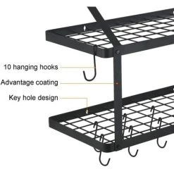 Livingandhome 2 Tier Wall Mounted Kitchen Hanging Pot Rack With Hooks -Vonshef shop 23694723 4