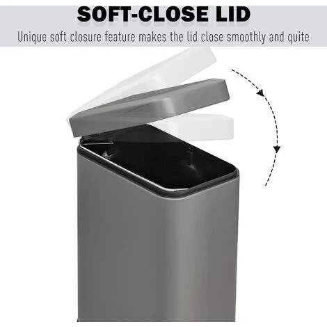 HOMCOM 5L Rectangle Compact Bin Steel Body Inner Bucket Quiet-Close Lid W/Pedal Grey 5 HOMCOM 5L Rectangle Compact Bin Steel Body Inner Bucket Quiet-Close Lid W/Pedal Grey - Image 5