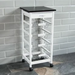 Home Discount Kitchen Trolley Wooden Portable Cart Serving Trolley Cabinet, White, 4 Tier