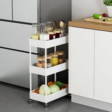 Livingandhome 3 Tier Kitchen Trolley Cart Vegetable Fruite Storage Rack Shelf, White 2 Livingandhome 3 Tier Kitchen Trolley Cart Vegetable Fruite Storage Rack Shelf, White - Image 2