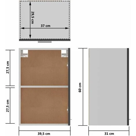 Hanging Cabinet High Gloss Grey 39.5x31x60 Cm Engineered Wood VidaXL 3 Hanging Cabinet High Gloss Grey 39.5x31x60 Cm Engineered Wood VidaXL - Image 3