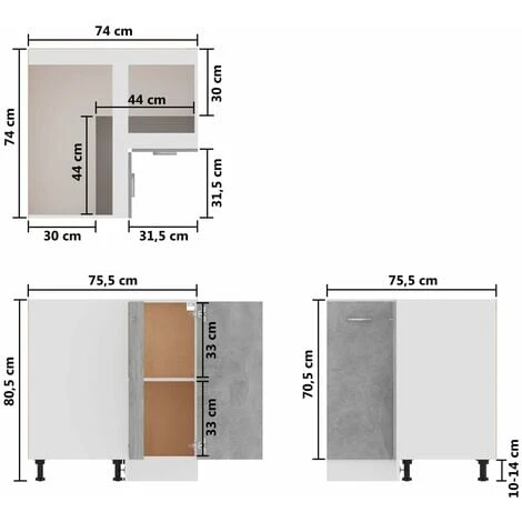 Corner Bottom Cabinet Concrete Grey 75.5x75.5x80.5 Cm Engineered Wood VidaXL 3 Corner Bottom Cabinet Concrete Grey 75.5x75.5x80.5 Cm Engineered Wood VidaXL - Image 3