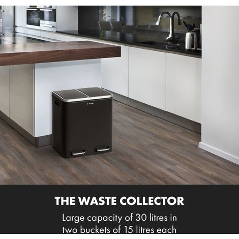 Klarstein Trash Gordon Pedal Bin 30L / 2x15L Noiseless PP Stainless Steel Black 2 Klarstein Trash Gordon Pedal Bin 30L / 2x15L Noiseless PP Stainless Steel Black - Image 2