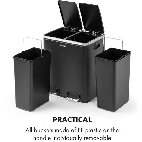 Klarstein Trash Gordon Pedal Bin 30L / 2x15L Noiseless PP Stainless Steel Black 5 Klarstein Trash Gordon Pedal Bin 30L / 2x15L Noiseless PP Stainless Steel Black - Image 5