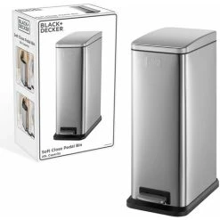 BlackDecker BLACK+DECKER BXBN0004GB 20L Slimline Pedal Bin With Soft Close Lid, Stainless Steel, 39.5 X 25 X 63.5 Cm, Cool Grey