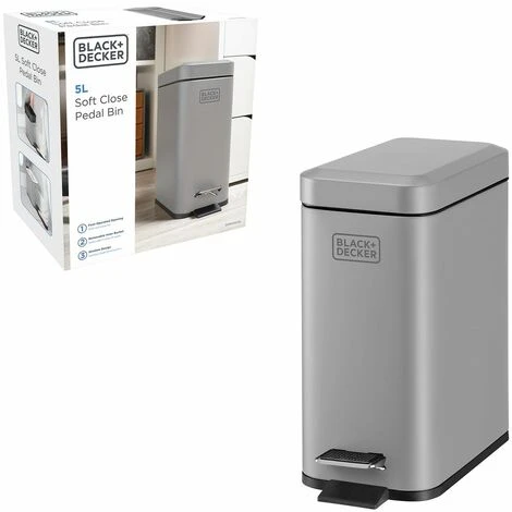 BlackDecker BLACK+DECKER BXBN00013E 5L Grey Pedal Bin With Soft Close Lid, Stainless Steel, 30cm X 14cm X 29cm 1 BlackDecker BLACK+DECKER BXBN00013E 5L Grey Pedal Bin With Soft Close Lid, Stainless Steel, 30cm X 14cm X 29cm