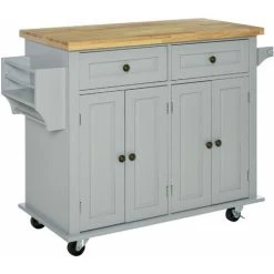 HOMCOM Rolling Kitchen Island Cart With Rubber Wood Top, Spices, And Towel Rack