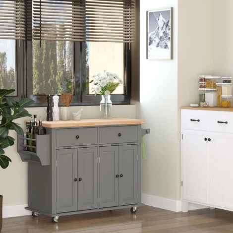 HOMCOM Rolling Kitchen Island Cart With Rubber Wood Top, Spices, And Towel Rack 3 HOMCOM Rolling Kitchen Island Cart With Rubber Wood Top, Spices, And Towel Rack - Image 3