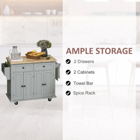HOMCOM Rolling Kitchen Island Cart With Rubber Wood Top, Spices, And Towel Rack 4 HOMCOM Rolling Kitchen Island Cart With Rubber Wood Top, Spices, And Towel Rack - Image 4