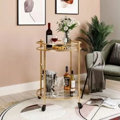 Livingandhome 2 Tier Rouned Kitchen Drink Trolley Glass Shelf Gold Metal Frame
