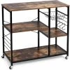 COSTWAY Kitchen Baker's Rack, Industrial Microwave Oven Stand With Wire Basket & S-Hooks, Freestanding Utility Storage Shelf Organiser For Spices Utensils Pots Pans (1 Basket, With Wheels)