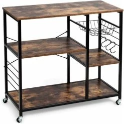 COSTWAY Kitchen Baker's Rack, Industrial Microwave Oven Stand With Wire Basket & S-Hooks, Freestanding Utility Storage Shelf Organiser For Spices Utensils Pots Pans (1 Basket, With Wheels)