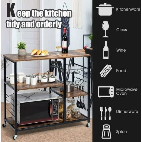 COSTWAY Kitchen Baker's Rack, Industrial Microwave Oven Stand With Wire Basket & S-Hooks, Freestanding Utility Storage Shelf Organiser For Spices Utensils Pots Pans (1 Basket, With Wheels) 2 COSTWAY Kitchen Baker's Rack, Industrial Microwave Oven Stand With Wire Basket & S-Hooks, Freestanding Utility Storage Shelf Organiser For Spices Utensils Pots Pans (1 Basket, With Wheels) - Image 2