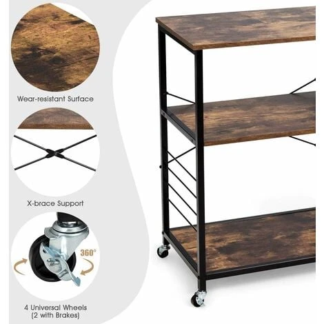 COSTWAY Kitchen Baker's Rack, Industrial Microwave Oven Stand With Wire Basket & S-Hooks, Freestanding Utility Storage Shelf Organiser For Spices Utensils Pots Pans (1 Basket, With Wheels) 4 COSTWAY Kitchen Baker's Rack, Industrial Microwave Oven Stand With Wire Basket & S-Hooks, Freestanding Utility Storage Shelf Organiser For Spices Utensils Pots Pans (1 Basket, With Wheels) - Image 4