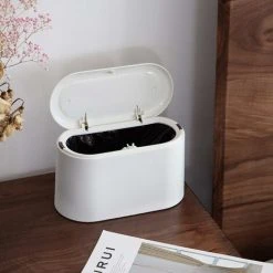 Mini Countertop Trash Can Press Cartridge Lid Trash Can Makeup Holder Vanity Bathroom Kitchen Car Office Desk (Clear White) SOEKAVIA -Vonshef shop 38445855 3