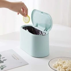 Mini Countertop Trash Can Press Cartridge Cover Trash Can Makeup Holder Vanity Bathroom Kitchen Car Office Desk (Light Blue) SOEKAVIA -Vonshef shop 38446570 5