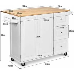 Kitchen Storage Trolley,136 X 76 X 91cm, Rolling Island Cabinet With Extendable Tabletop And Adjustable Shelves, Home Kitchen Dining Organiser Sideboard Cupboard Cart, COSTWAY(White) -Vonshef shop 40629368 3