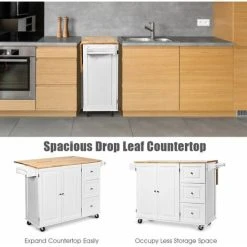 Kitchen Storage Trolley,136 X 76 X 91cm, Rolling Island Cabinet With Extendable Tabletop And Adjustable Shelves, Home Kitchen Dining Organiser Sideboard Cupboard Cart, COSTWAY(White) -Vonshef shop 40629368 5