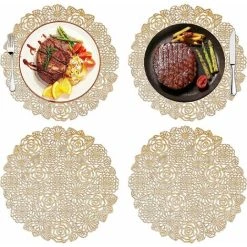 Devenirriche Table Mat, Placemat, 4 Pieces Placemats, PVC Material, Non-slip, Heat Insulation, Dirt-repellent, Easy To Clean, For Kitchen, Banquet (D: 38cm, Gold, Style C)