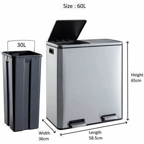 Evre. Evre Stainless Steel Recycling Pedal Bin With Removable Multi Compartments And Soft Close Lid For Kitchen/Office Waste General Waste 60L (2x30L Compartments) 2 Evre. Evre Stainless Steel Recycling Pedal Bin With Removable Multi Compartments And Soft Close Lid For Kitchen/Office Waste General Waste 60L (2x30L Compartments) - Image 2